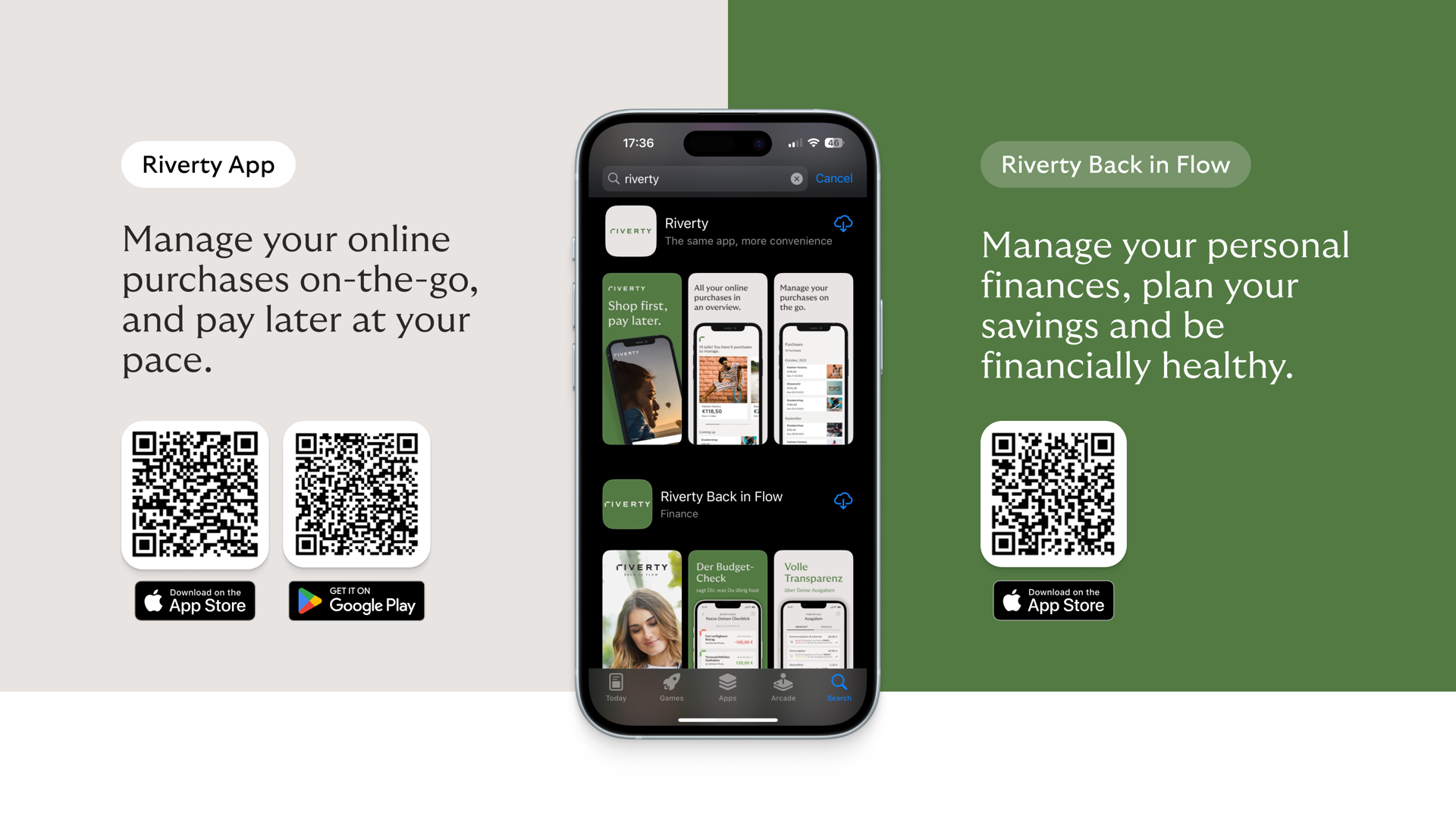 Image showing both Riverty Apps and QR-Codes that lead to the PlayStore and iOS Store.