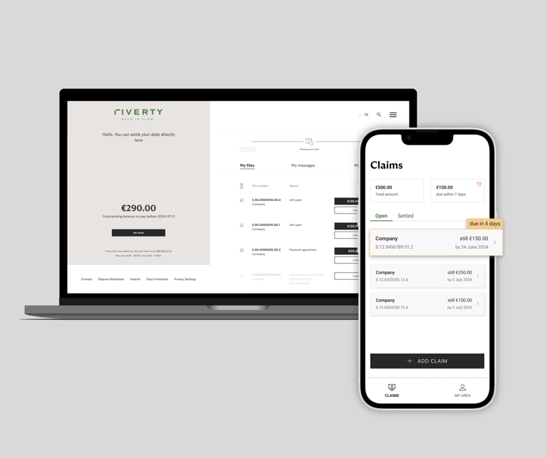 Laptop and smartphone showing outstanding payments, settlement options, and claim details.
